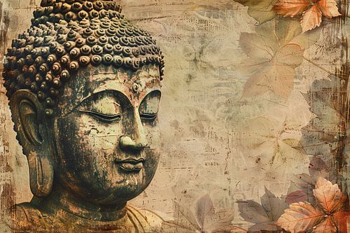 Serene Boeddha met herfstbladeren in sepia