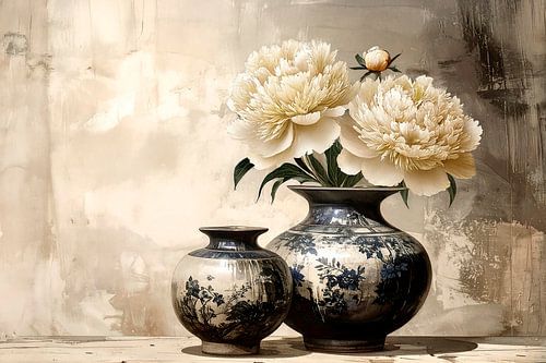 Retro stilleven met pioenrozen op vaas