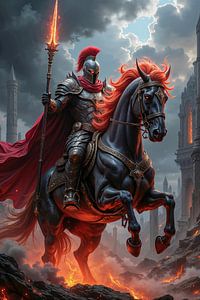 Dark Fantasy Wandbild: IGNYRIOS – Der Ritter mit der Feuerlanze auf seinem Pferd
