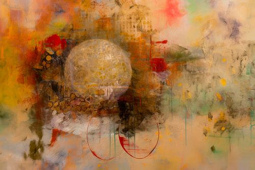 Abstract schilderij, bruin, geel, rood en groen