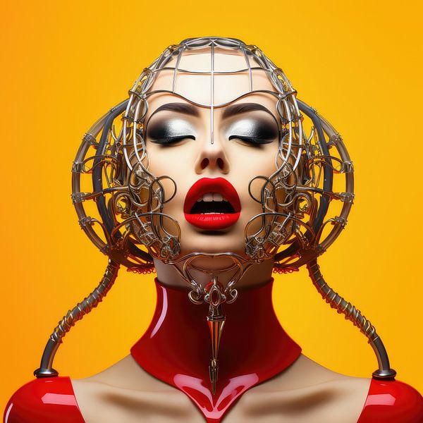Digital erstellt sehr schöne sexy Frau mit bizarren Fetisch Maske in High Fashion Stil von Art Bizarre