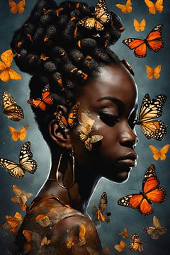 Afrikaanse vrouw met vlinders 2 van Bernhard Karssies