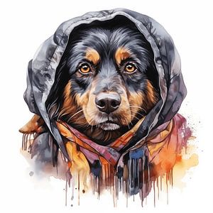 Porträt eins Hundes in Wasserfarbe gemalt mit Buntem Kopftuch auf weißen Hintergrund