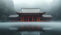 Japanese temple in fog panorama