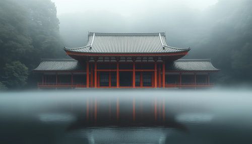 Japanse tempel in de mist panorama