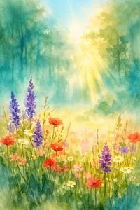 Bloemenweide in zacht ochtendlicht (AI) (lente, zomer, zonnig, vrolijk, mooi, natuur, klaproos, landschap, veld)