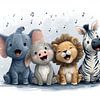 Vier zingende baby dieren safari muziek kinderkamer aquarel van MArt