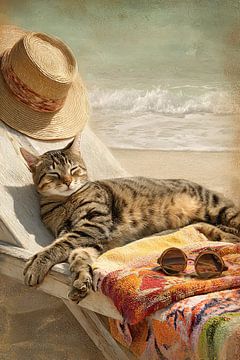 Summer cat on beach - Relaxed holiday on canvas by Joriali photography and paintings