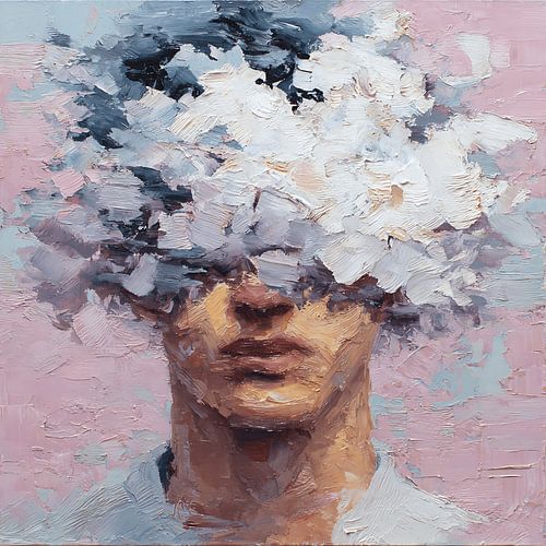 Concept art abstrait surréaliste représentant une tête en forme de nuage, en haute définition, évoquant un paysage onirique