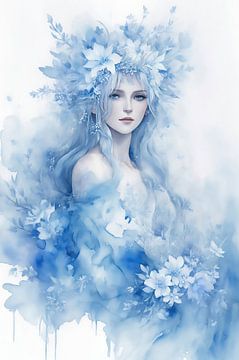 Fantasie elfje in mooie blauwe pasteltinten als waterverf portret.
