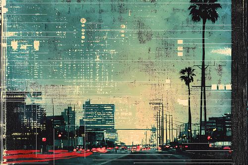 Stijlvolle retro poster met grafische elementen en stippen. Avond stad. Thema van communicatie