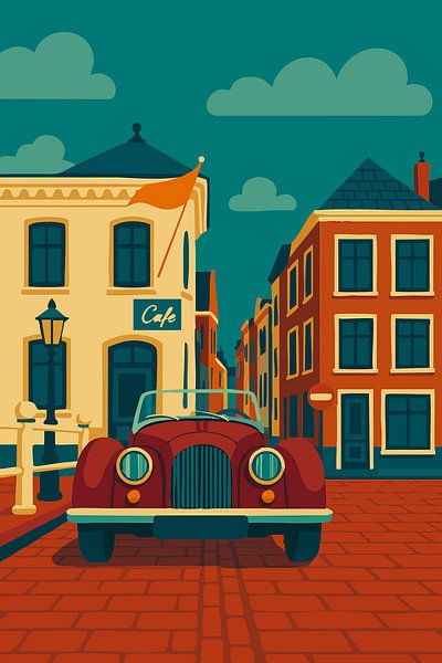 Morgan, britse oldtimer in historisch Nederlands Straatbeeld van Studio Ajuut