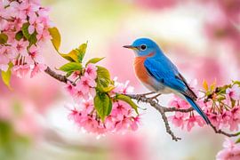 Blue tit in a blossoming cherry tree by Poster Art Shop
