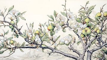 Fruit tree in bloom, nature still life pen drawing by Vlindertuin Art