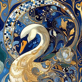 Art Nouveau Swan: Blue Gold Ornament by karin van Bylevelt
