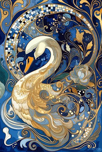 Art Nouveau Swan: Blue Gold Ornament by Karin van Bylevelt