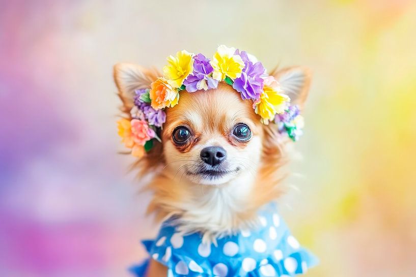 Chihuahua with flower wreath and bow by Poster Art Shop