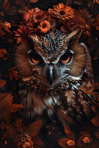 Uil en Herfstbloemen in Warme Tinten