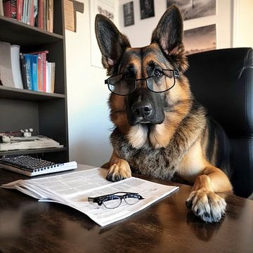 Deutscher Schäferhund hinter dem Schreibtisch von Harvey Hicks