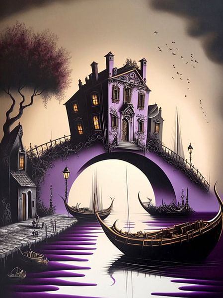 Miniatur Venedig Häuser Brücke Boote surreal weiß lila schwarz grau von gm_designs