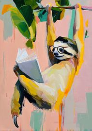 Sloth reads a book on a branch by Niklas Maximilian