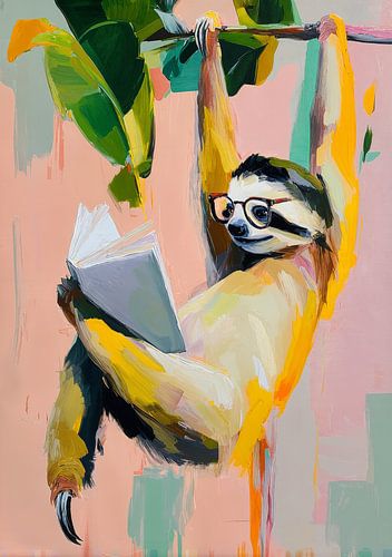 Luiaard leest een boek op een tak