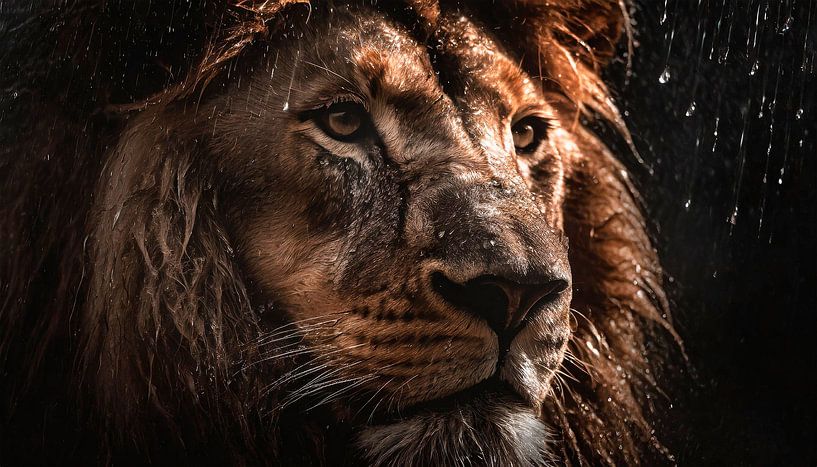 Lion in the rain with raindrops by Mustafa Kurnaz