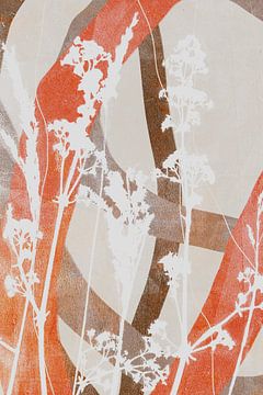 Abstrakte Retro-Botanik. Blumen und Gras in Weiß, Terrakotta, Beige, Braun von Dina Dankers