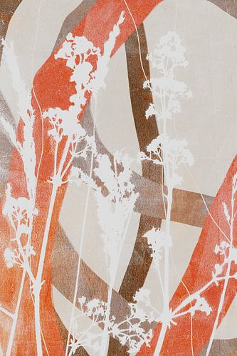 Abstract Retro Botanisch. Bloemen en gras in wit, terracotta, beige, bruin