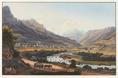 Gezicht op het dorp Zillis in het Schamsdal, komende vanaf de Via Mala, kanton Graubünden, Johann Ludwig Bleuler