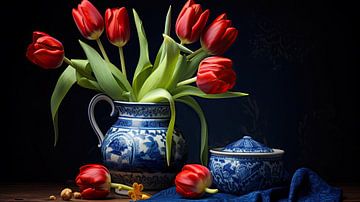 Still life red tulips in Delft Blue earthenware vase by Vlindertuin Art