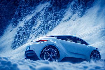 Elektrische auto die op sneeuw in de bergen drijft Illustratiebehang van Animaflora PicsStock