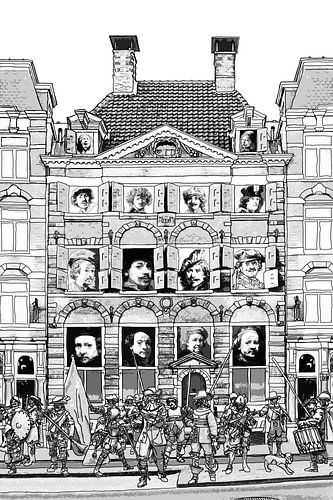 Aquarel Pentekening Rembrandt's Huis met Nachtwacht in Amsterdam Tekening Lijntekening