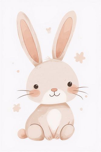 Niedlicher Kunstdruck mit einem Babyhäschen im Aquarellstil – Entzückende Wanddekoration für das Kinderzimmer in Pfirsich- und Cremetönen