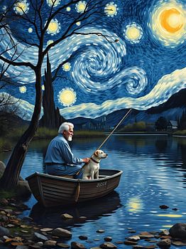 Man and Dog in a Dreamlike Night - beautiful sky artistic