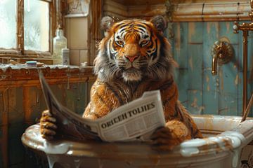 Tiger reading in the bathtub, Relaxed atmosphere by Felix Brönnimann