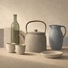 Stilleven met theepot en blauwe vaas van Claudia Gründler