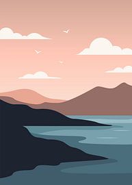 Minimalist nature coastal landscape illustrations featuring mountains, lake, and evening sunset vibes