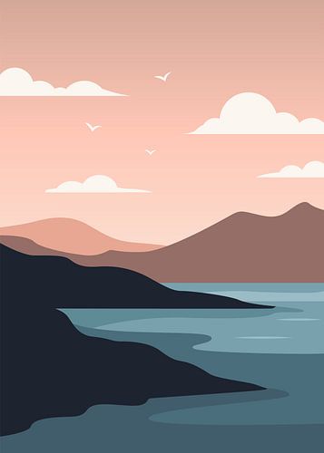 Illustrations minimalistes de paysages côtiers mettant en scène des montagnes, un lac et l'ambiance d'un coucher de soleil