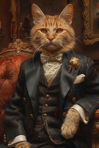 Cat in dinner jacket oil painting vintage standing panorama