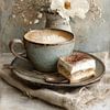 Kaffee und Tiramisu Stilleben - Beige Gold Poetische Malerei von Joriali Fine Art