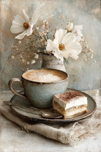 Coffee and Tiramisu Still Life - Beige Gold Poetic Painting by Joriali Fine Art