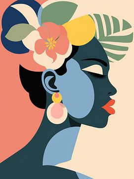 Femme africaine avec des fleurs, abstrait et moderne sur Caroline Guerain