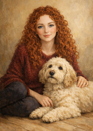 Red and blonde curls – Woman with a Labradoodle