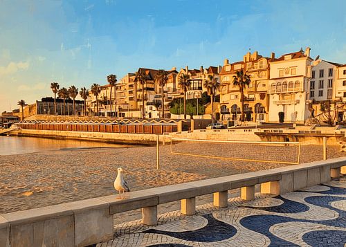 Seaside Morning in Cascais with Seagull, Fisherman Huts, Beach, and Buildings