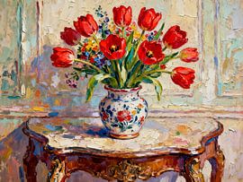 Nature morte printanière dans des tons rouges vifs sur Kristin M