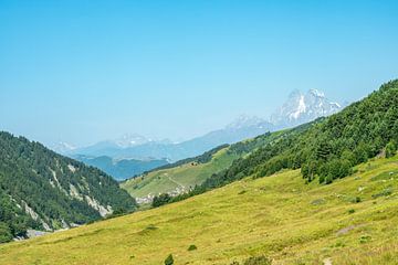 Uitzicht op de bergen van Ushba bij Mestia in Georgië van Leo Schindzielorz