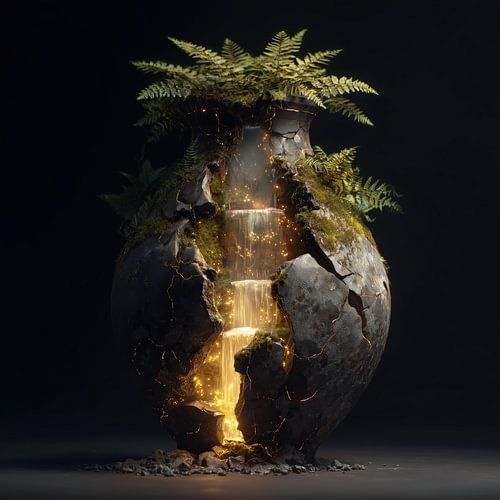 Goldener Wasserfall und Grün in einer zerbrochenen Vase
