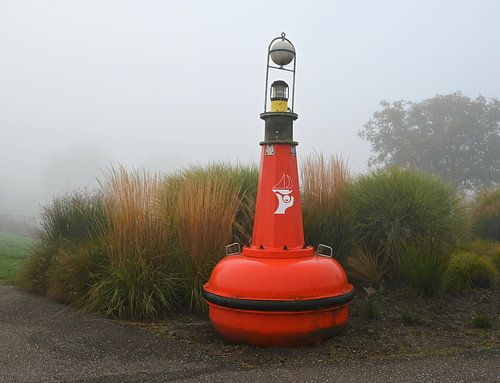 A red buoy in a misty landscape