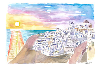 Inoubliable coucher de soleil à Santorin avec vue romantique sur Oia et la mer